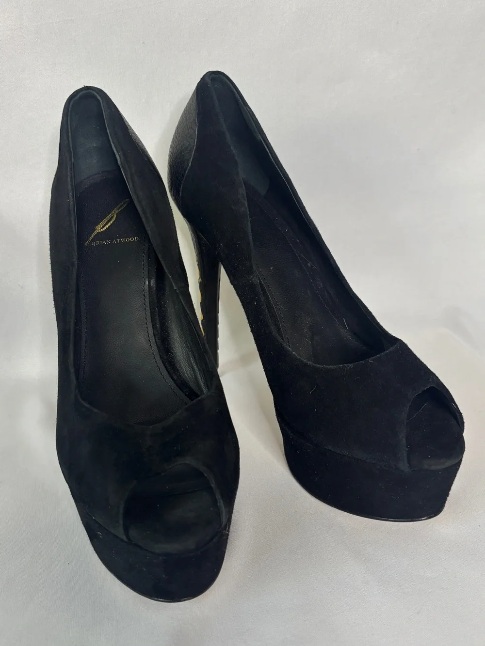 Brian Atwood suede‎ platform stiletto heels with black and gold statement detail